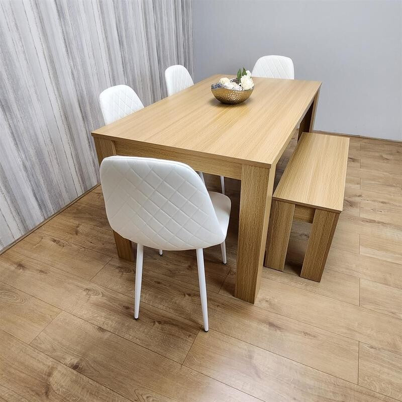 Oak Dining Table Set with 4 White Faux Leather Chairs & Bench, 6 Seater