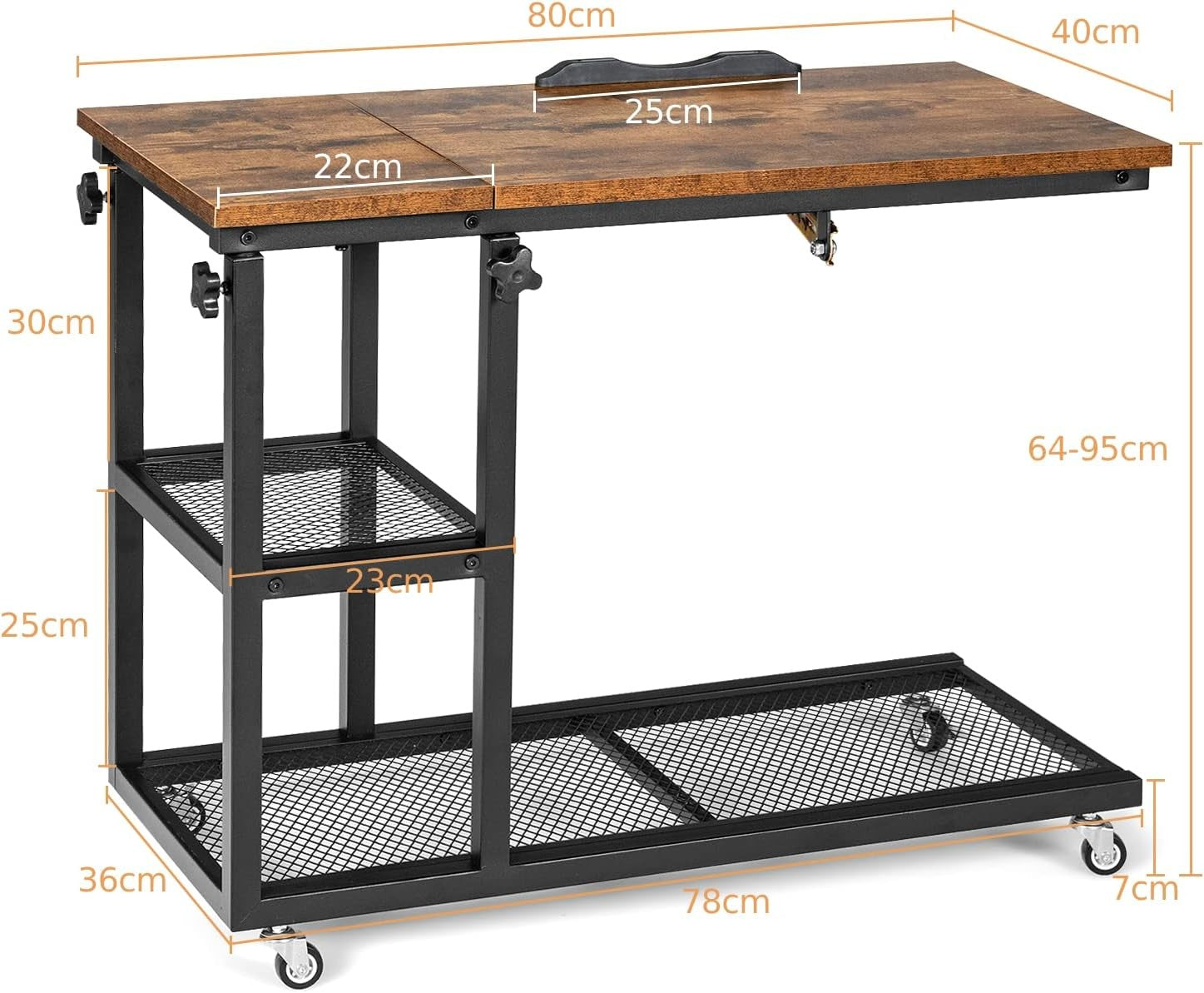Rustic Brown Overbed Table with Wheels Adjustable Sofa Side Laptop Desk
