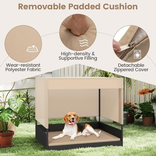 Wicker Pet House with Cushion & Roof, Raised Rattan Dog Bed for Small Dogs