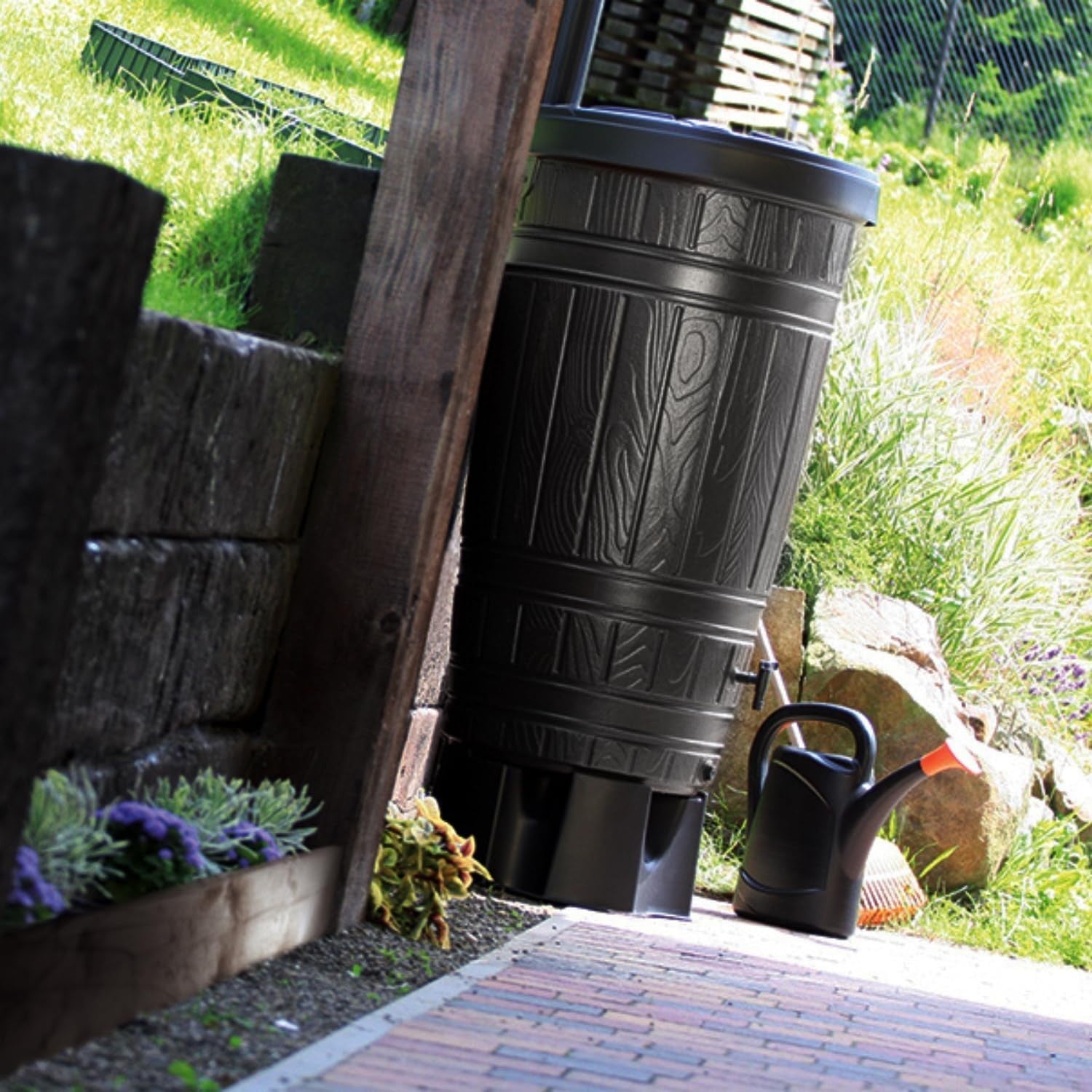 265L Wood Look Plastic Water Butt Tank with Lid – Garden Rain Collector Black
