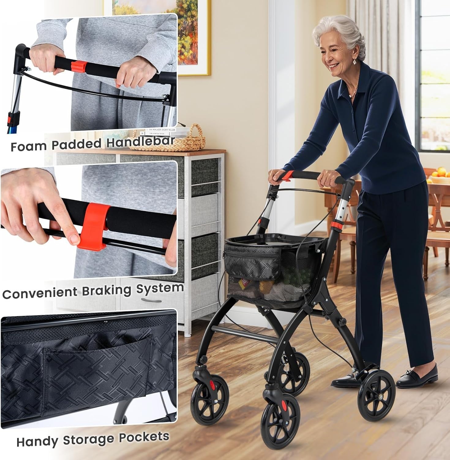 Lightweight Folding Rollator Walker 4 Wheel Basket Brakes Narrow Black