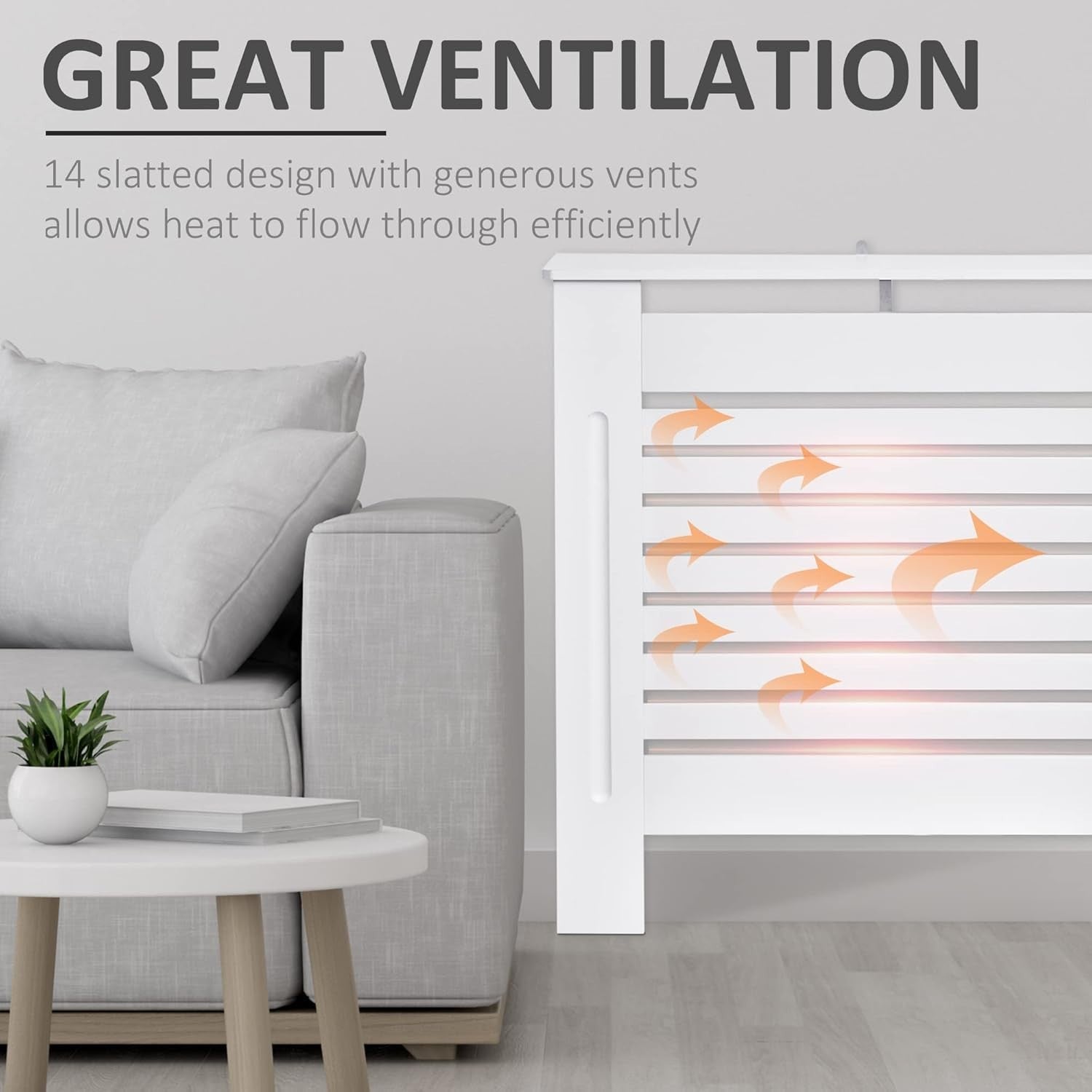 White Radiator Cover Modern MDF Cabinet Horizontal Slats 152x19x81cm