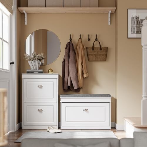 White Shoe Storage Bench with Cushion & Flip Drawer – Narrow Hallway Unit