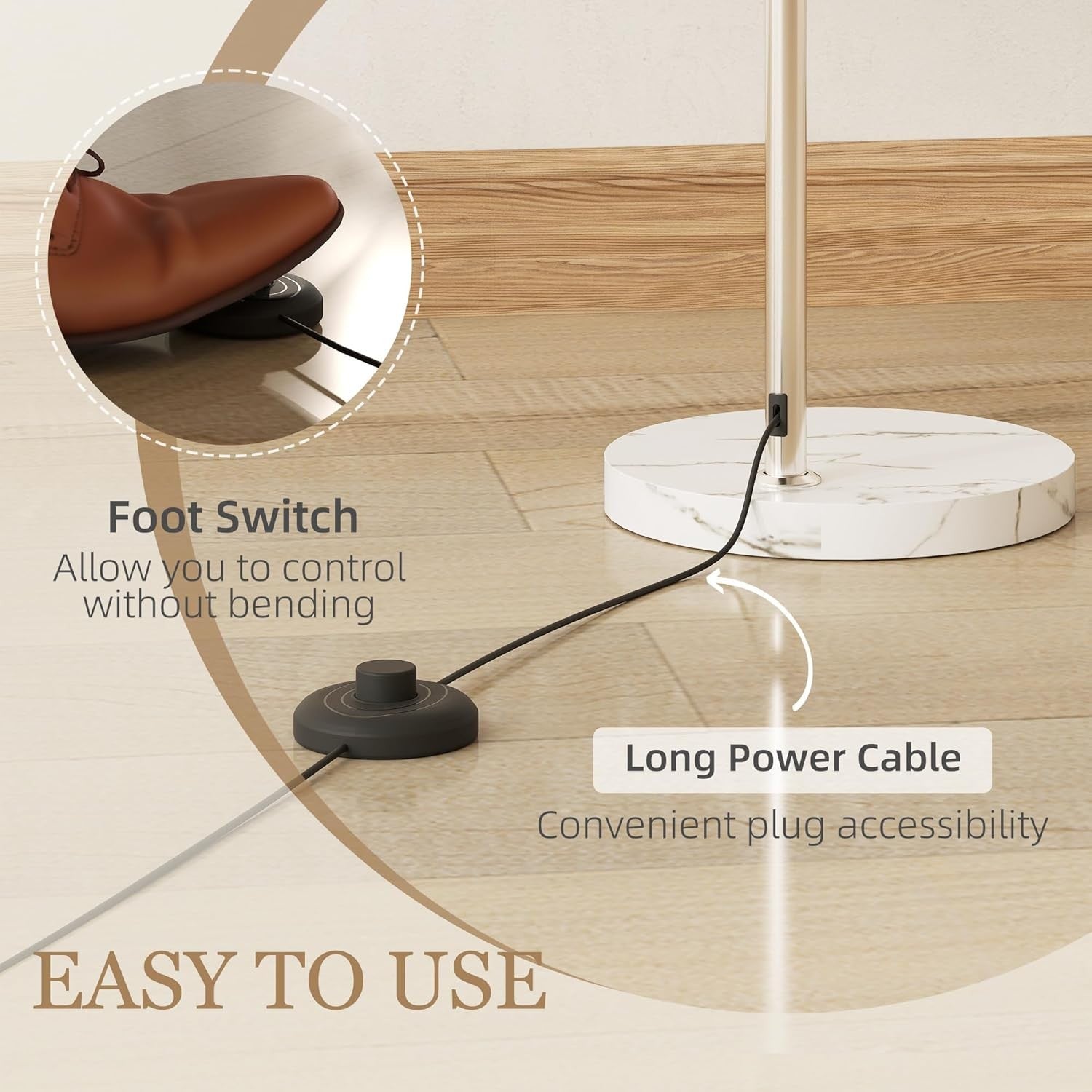 Modern Arc Floor Lamp Marble Base Tall Standing Light Foot Switch