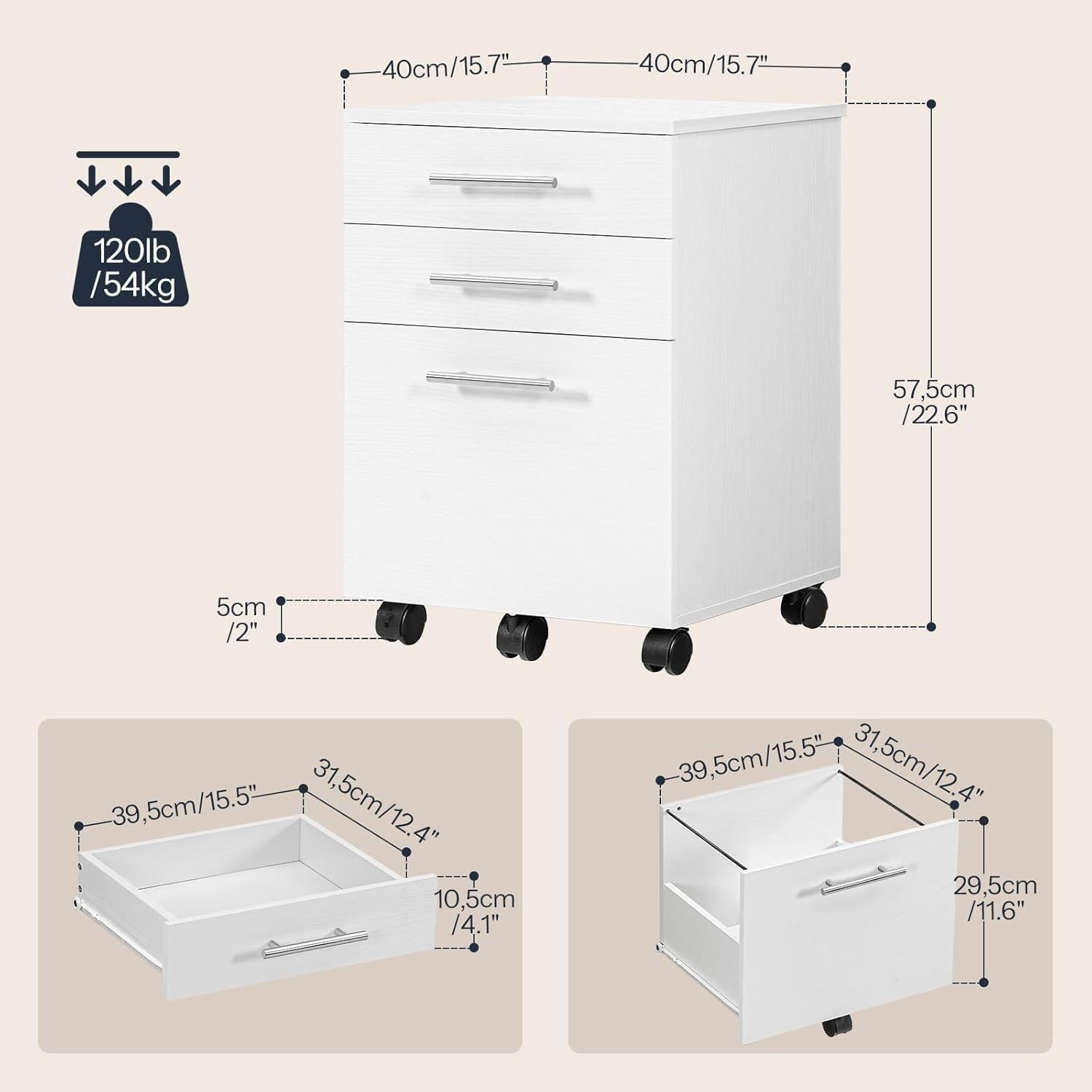 3 Drawer Mobile Filing Cabinet Rolling Office Storage Under Desk White
