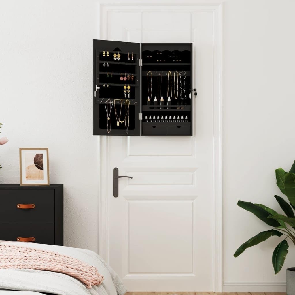 Black Wall Mounted Jewelry Armoire Mirror Lockable Slim Storage Cabinet
