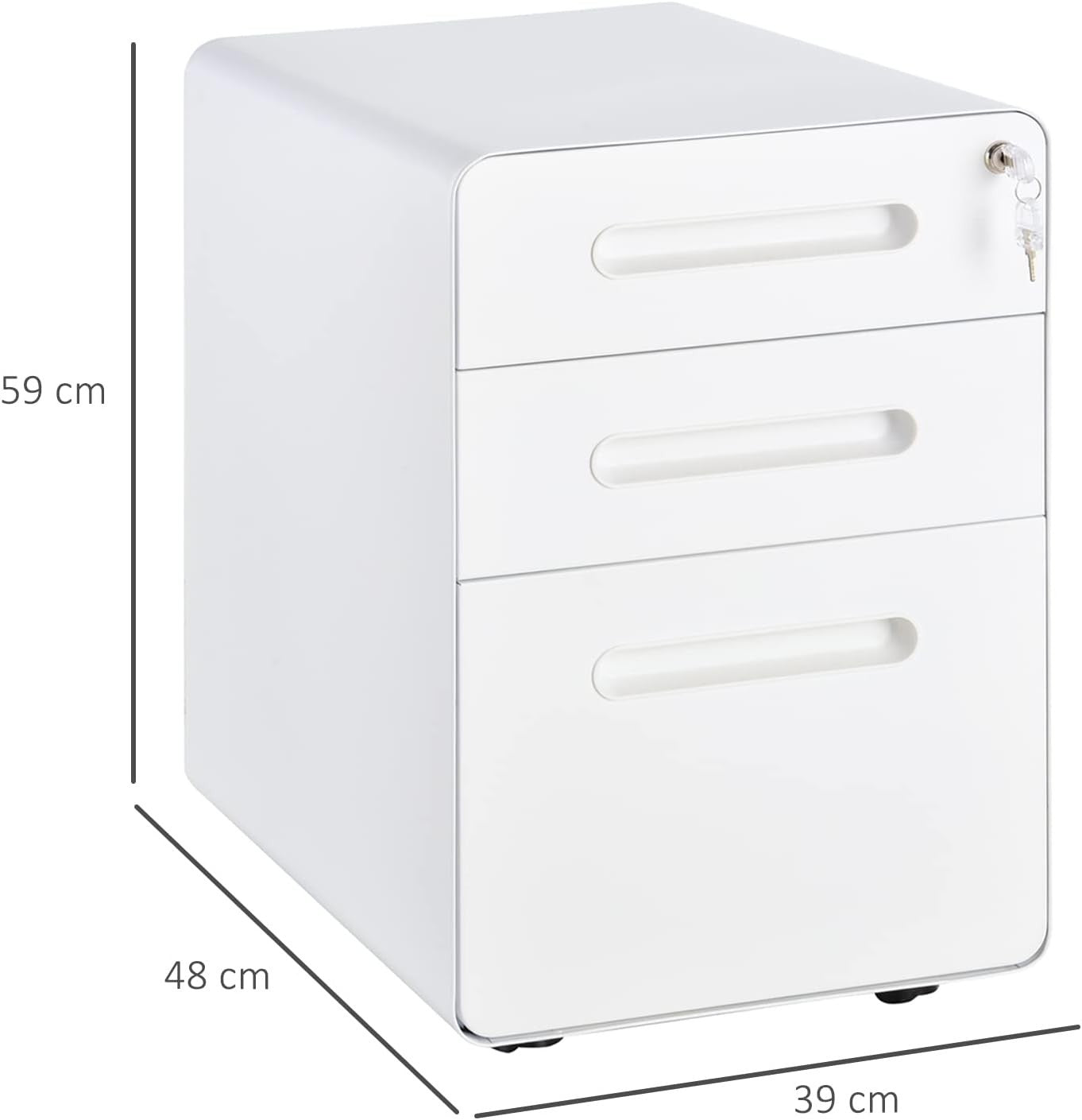 White 3 Drawer Lockable Filing Cabinet with Wheels A4 Home Office Storage