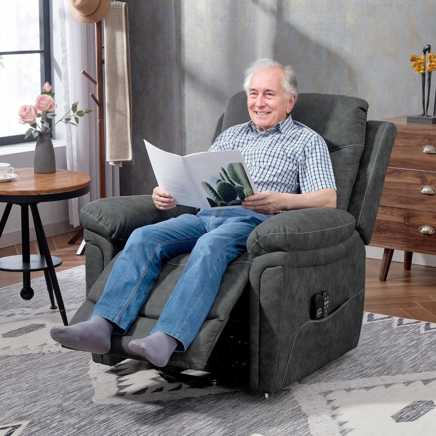 Power Lift Recliner Chair Massage Heat PU Leather USB Port Side Pockets Grey