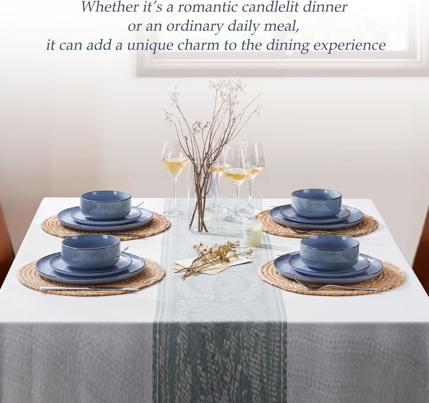 12pc Stoneware Dinner Set Lagoon Blue Plates Bowls Reactive Glaze