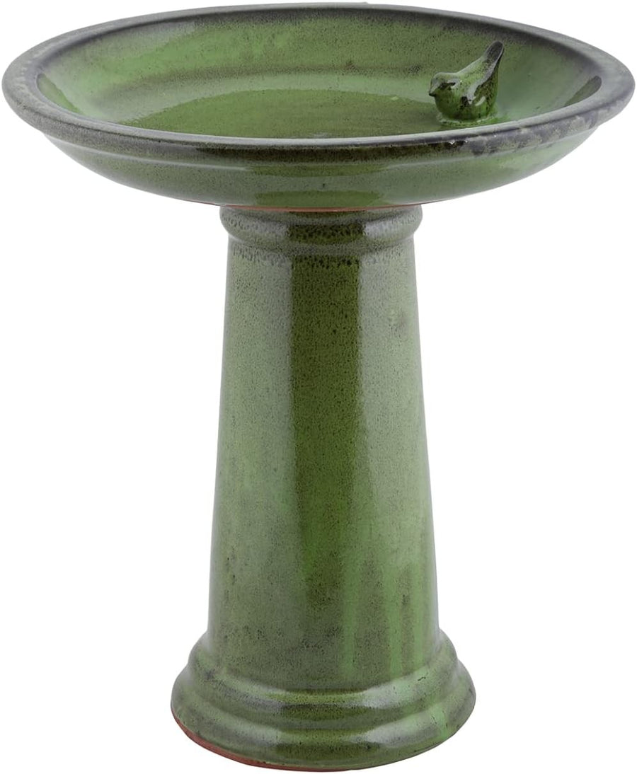 Ceramic Bird Bath Green 45cm Pedestal Garden Decor | Outdoor Vintage Water Bowl