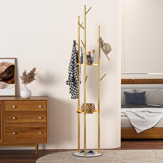 Luxury Gold Coat Rack Stand | Marble Base Hall Tree with 3 Shelves & Hooks