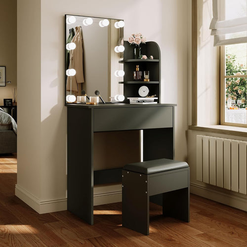 Vanity Makeup Dressing Table Stool Set Hollywood LED Mirror 70x140cm Storage