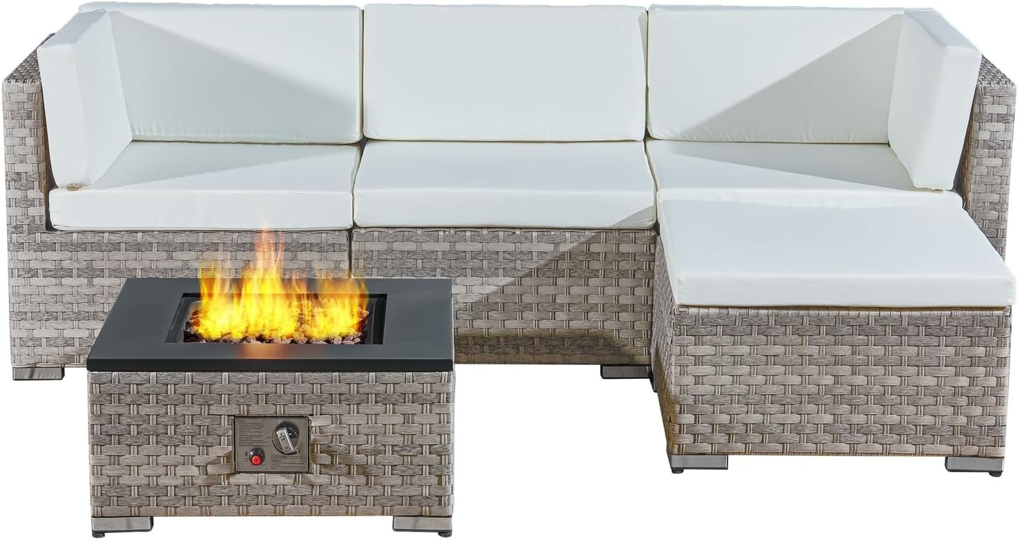 5-Piece Rattan Outdoor Fire Pit Patio Set with 40,000 BTU Gas Fire Table