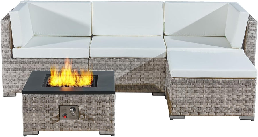 5-Piece Rattan Outdoor Fire Pit Patio Set with 40,000 BTU Gas Fire Table
