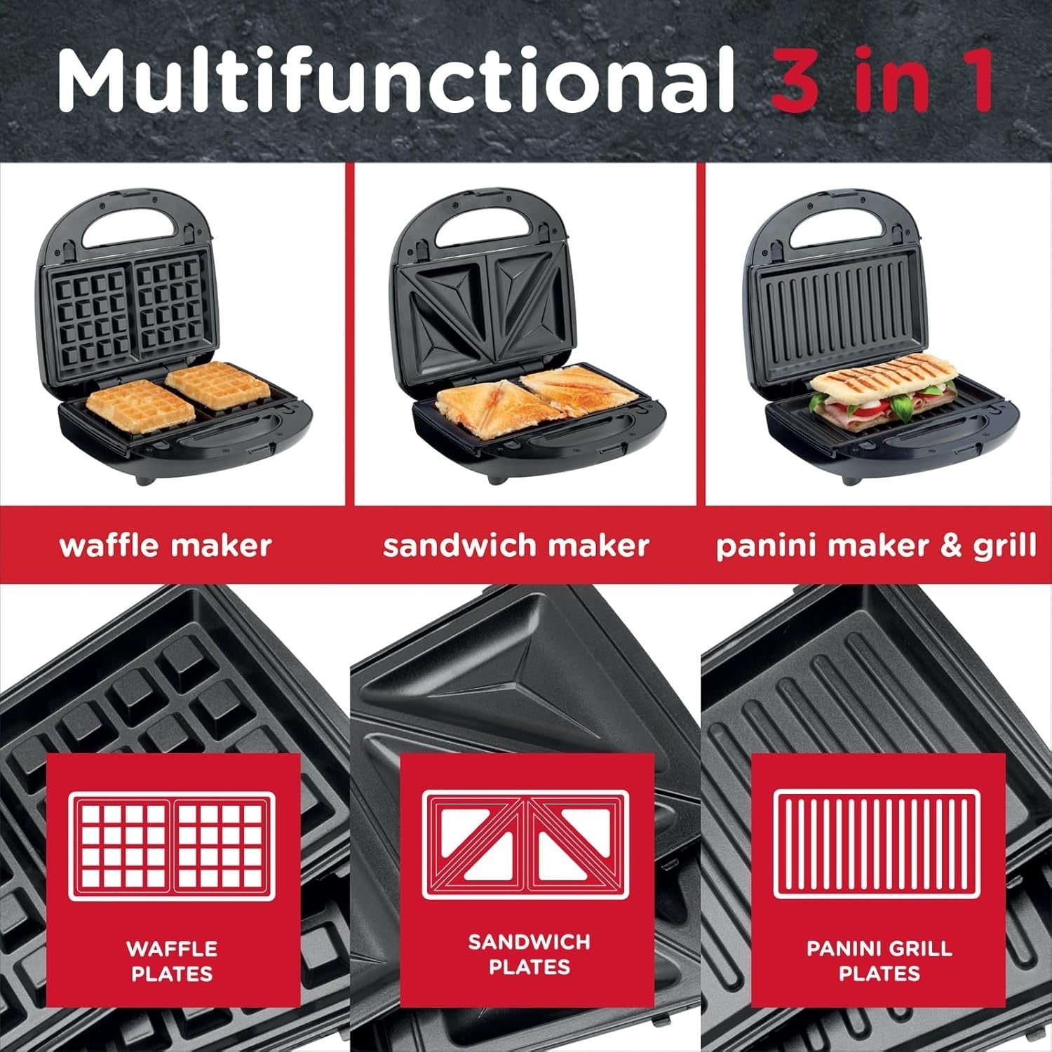 3in1 Waffle Sandwich Panini Maker Grill | Non Stick Plates | Easy Clean