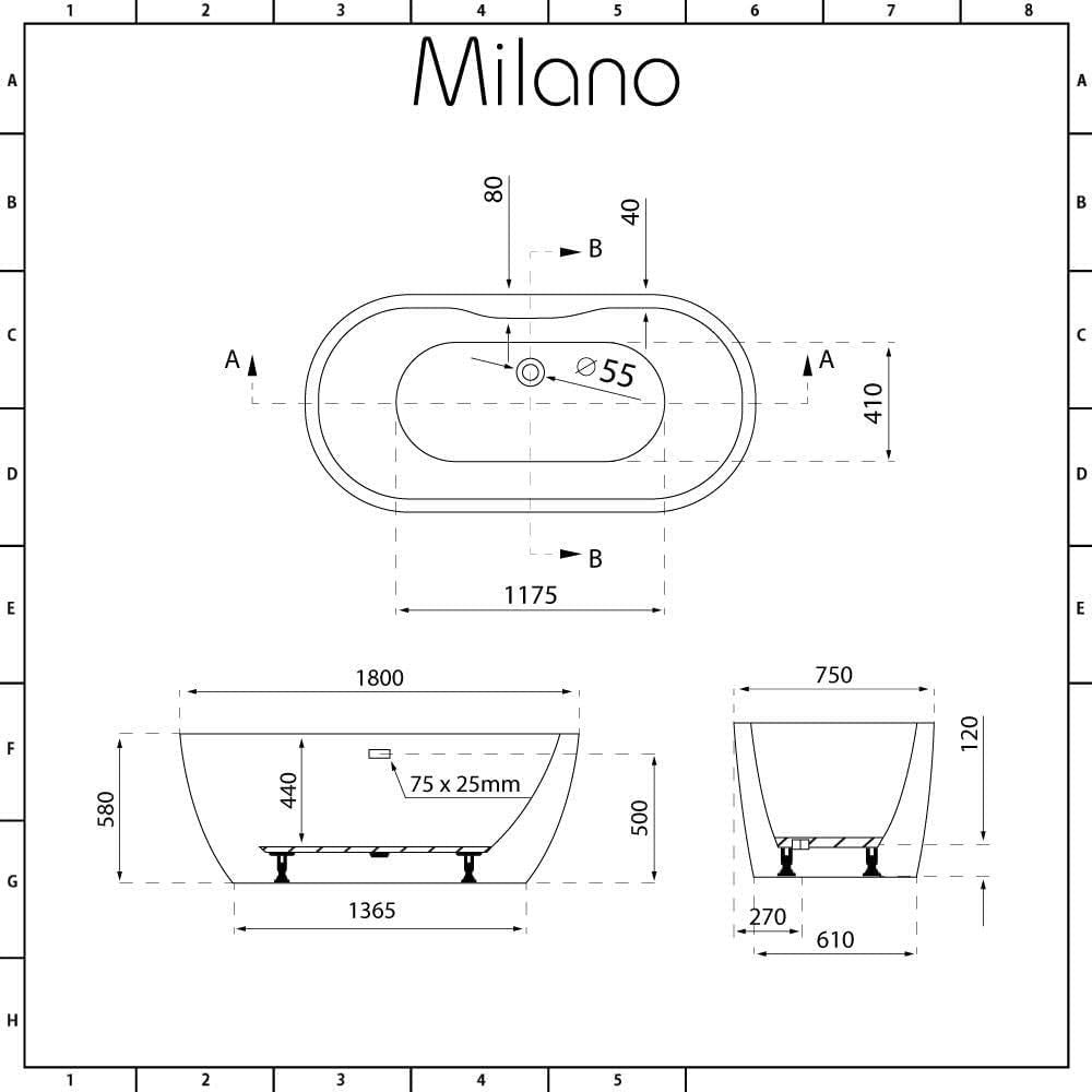 White Double Ended Freestanding Oval Bath 1800x750mm Nickel Waste Overflow