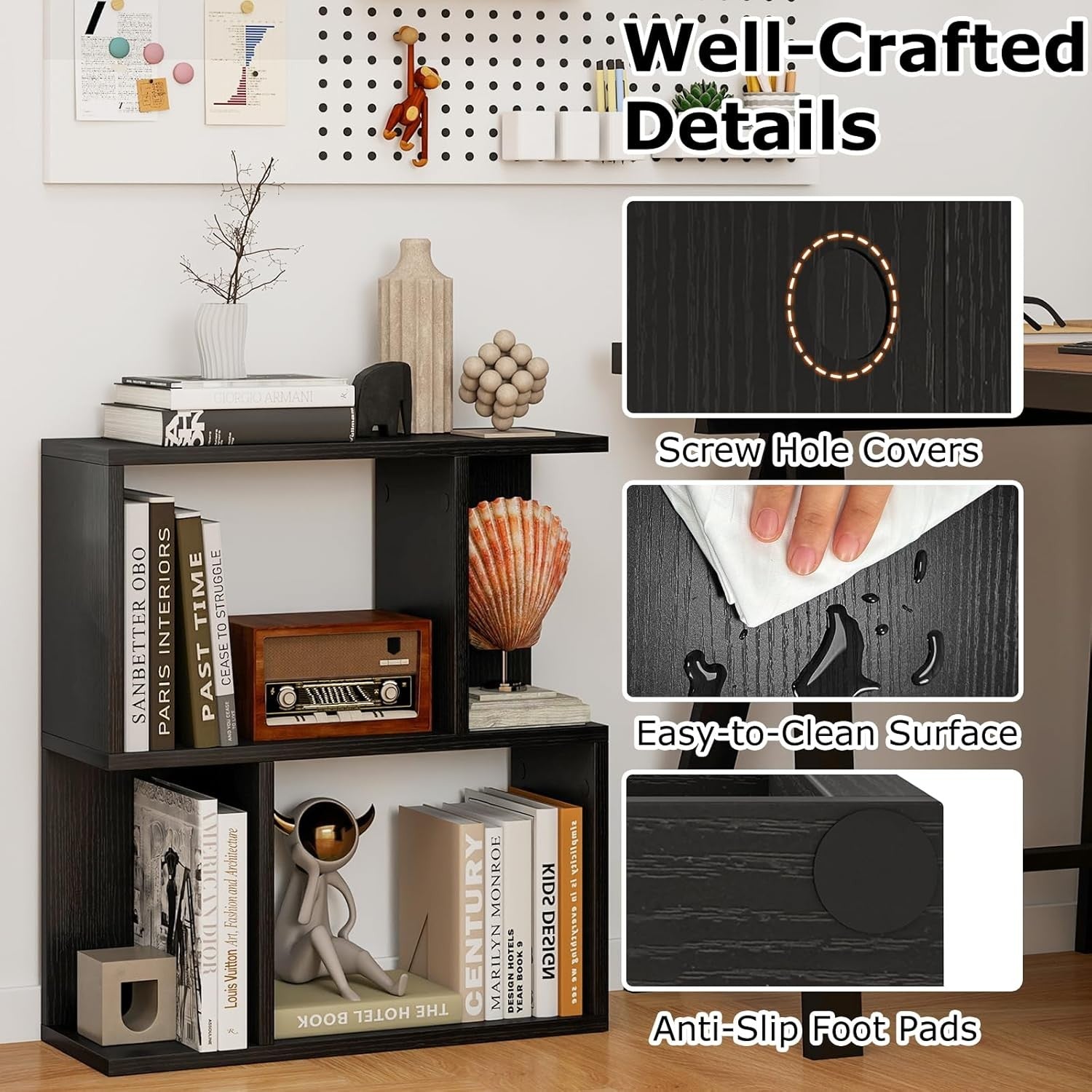 Black S-Shaped 3 Tier Bookcase Small Freestanding Display Shelf 50×18×56cm