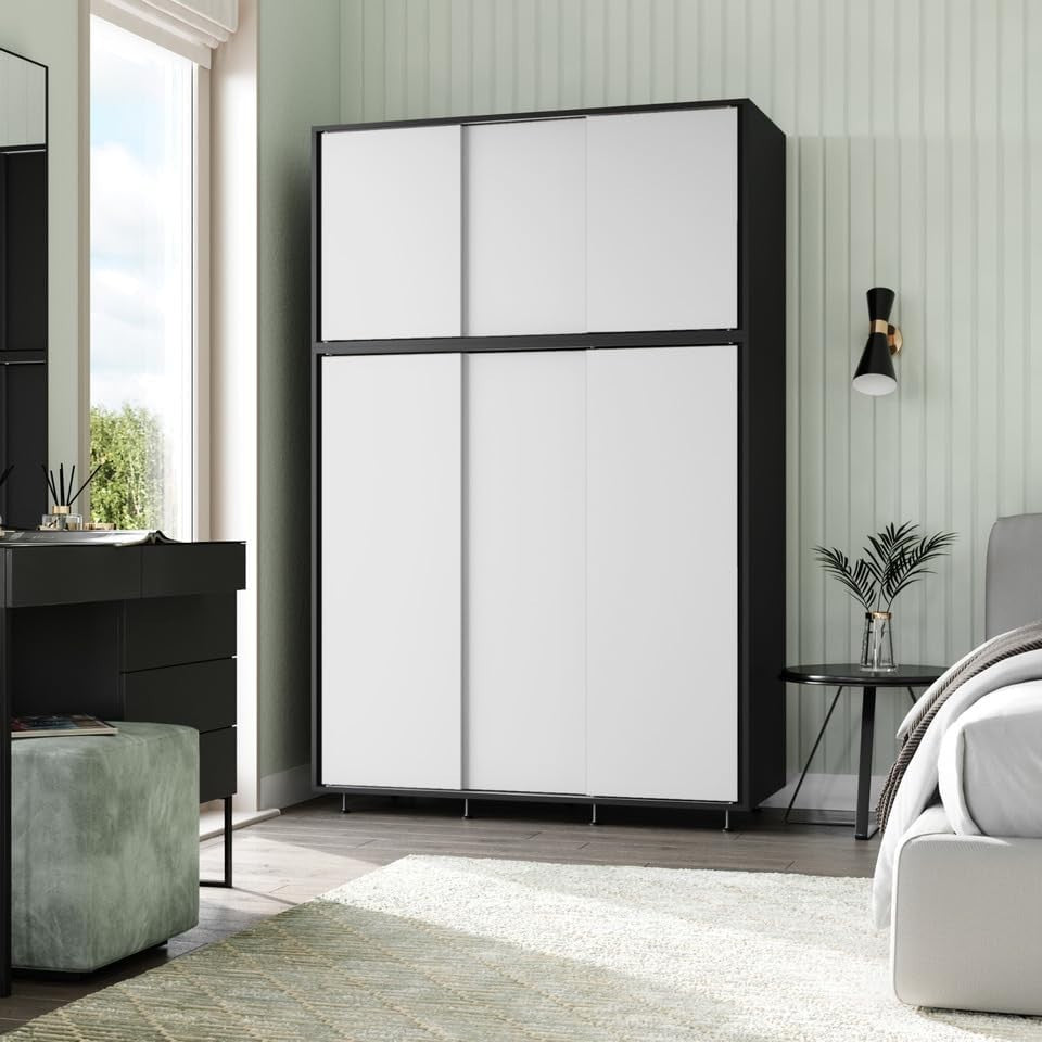 6-Door White Sliding Wardrobe with Adjustable Feet & Spacious Bedroom Storage