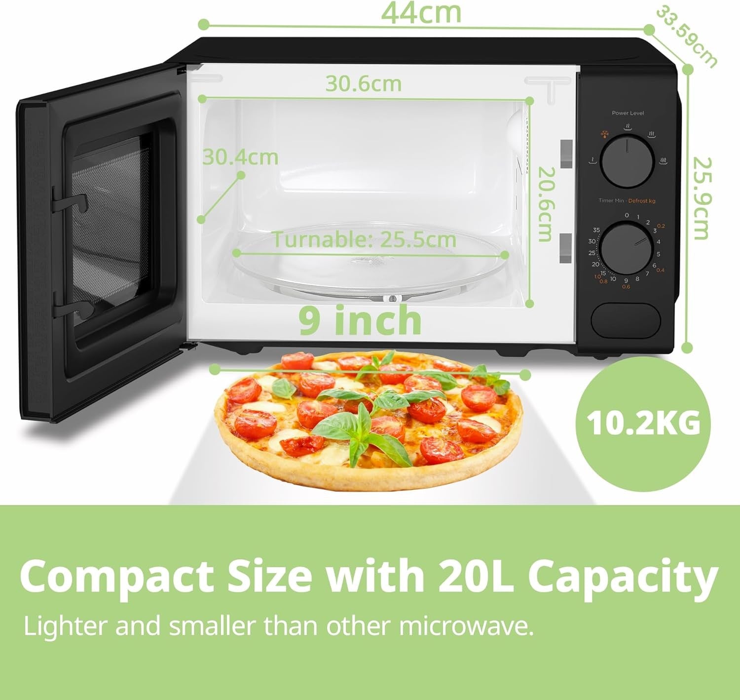 20L Compact Microwave 700W Manual Control 5 Power Levels Black