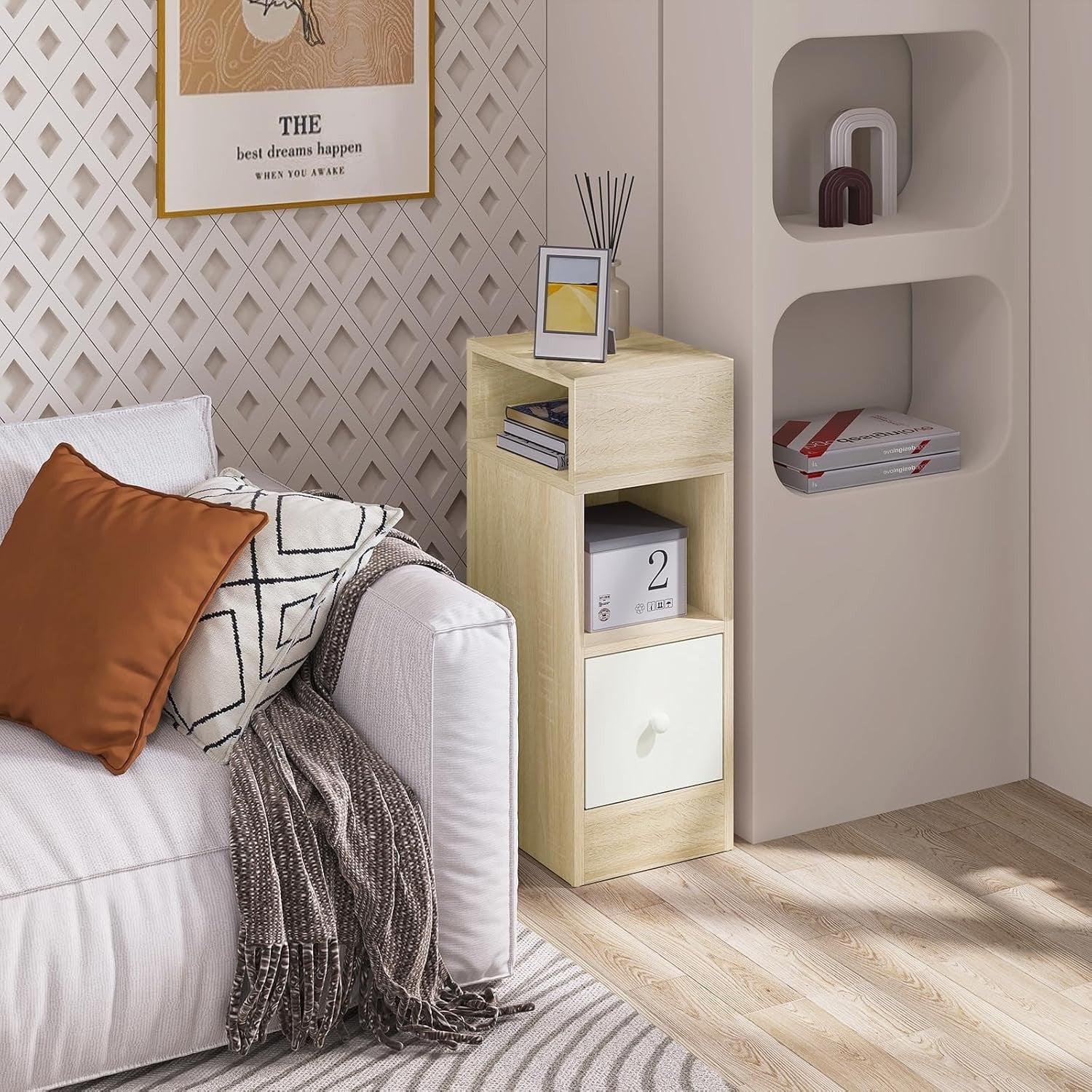 Set of 2 Light Oak Slim Bedside Tables with Drawer & Shelves 25x30x66cm