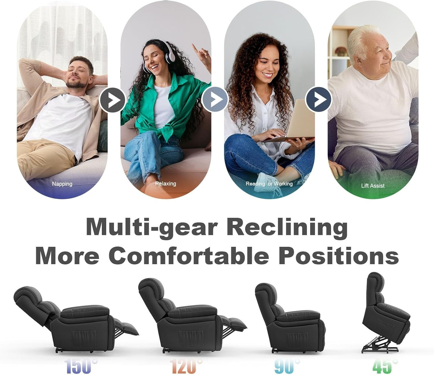 Power Lift Recliner Chair Massage Heat Oversized Faux Leather USB Type-C Black