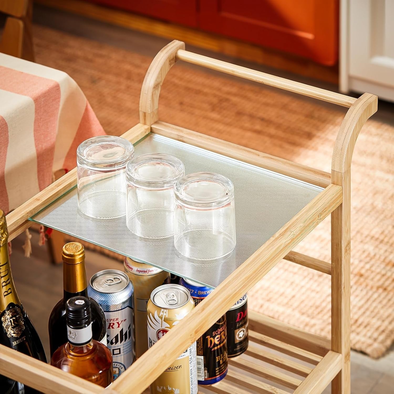 3 Tier Kitchen Trolley Cart Bamboo Storage Shelves Glass Top Wheels