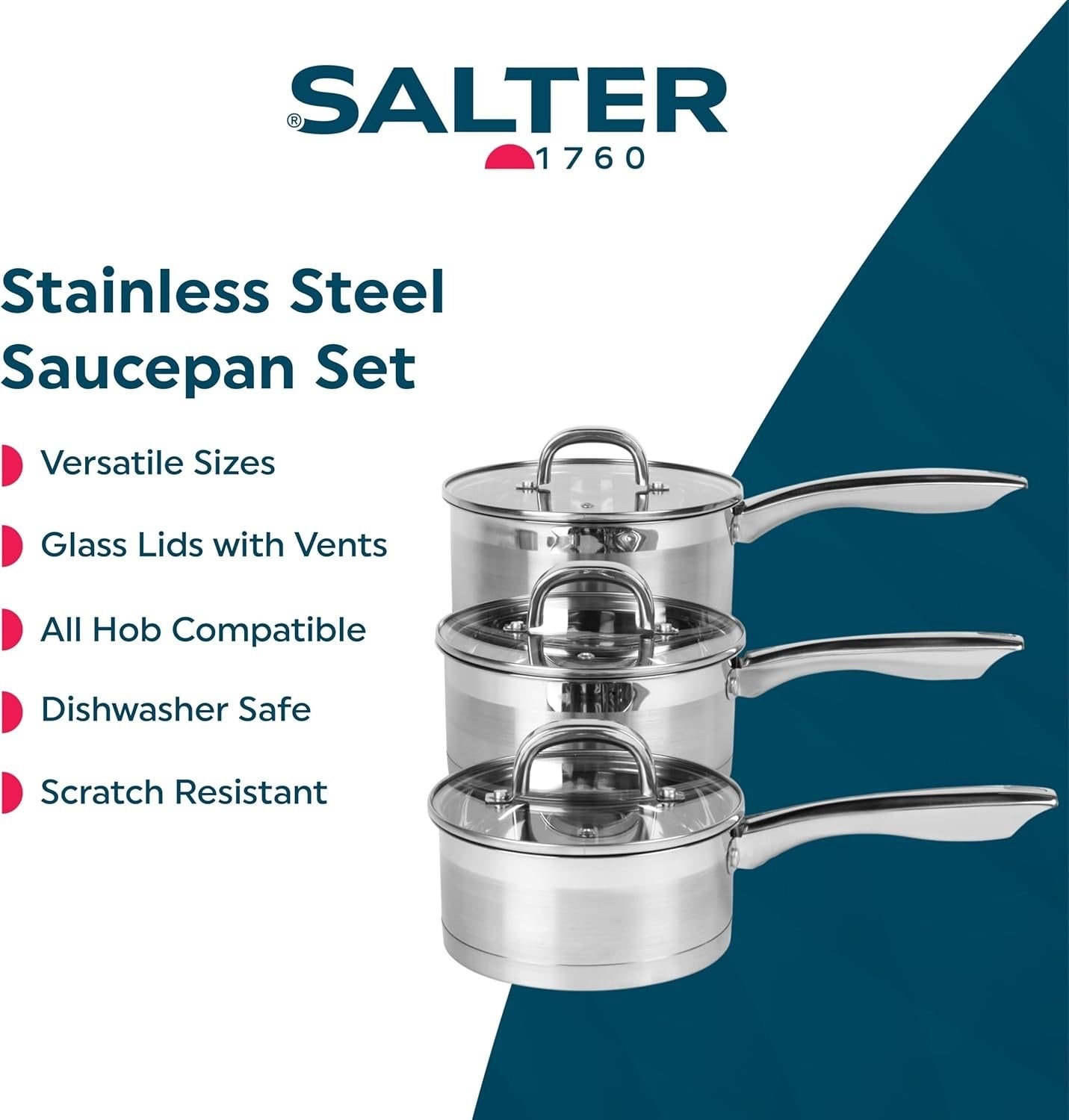 3pcs Stainless Steel Saucepan Set – 16 18 & 20 cm Induction Pans with Glass Lids