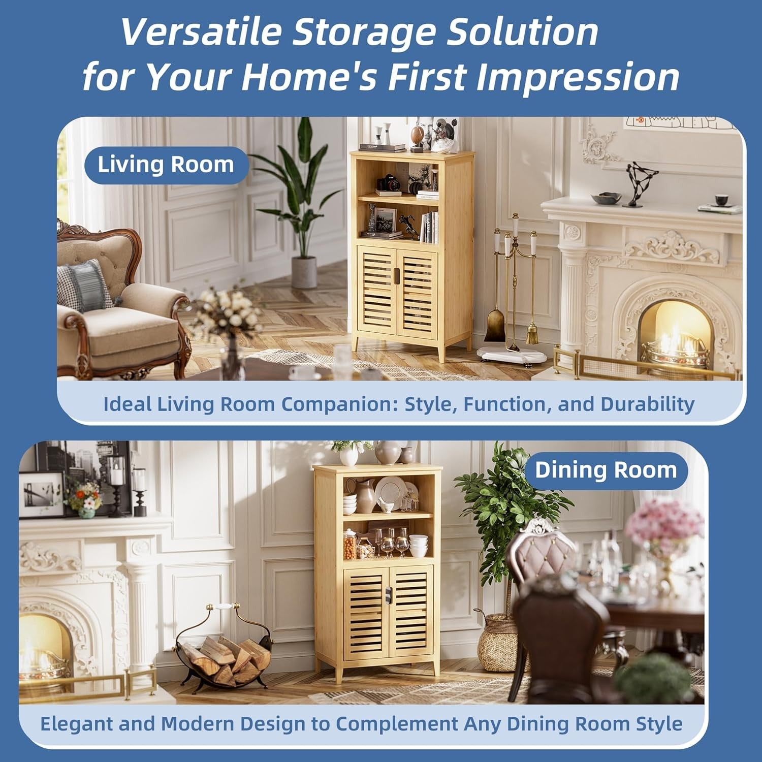 Natural Bamboo Floor Cabinet with Shutter Doors Adjustable Shelves