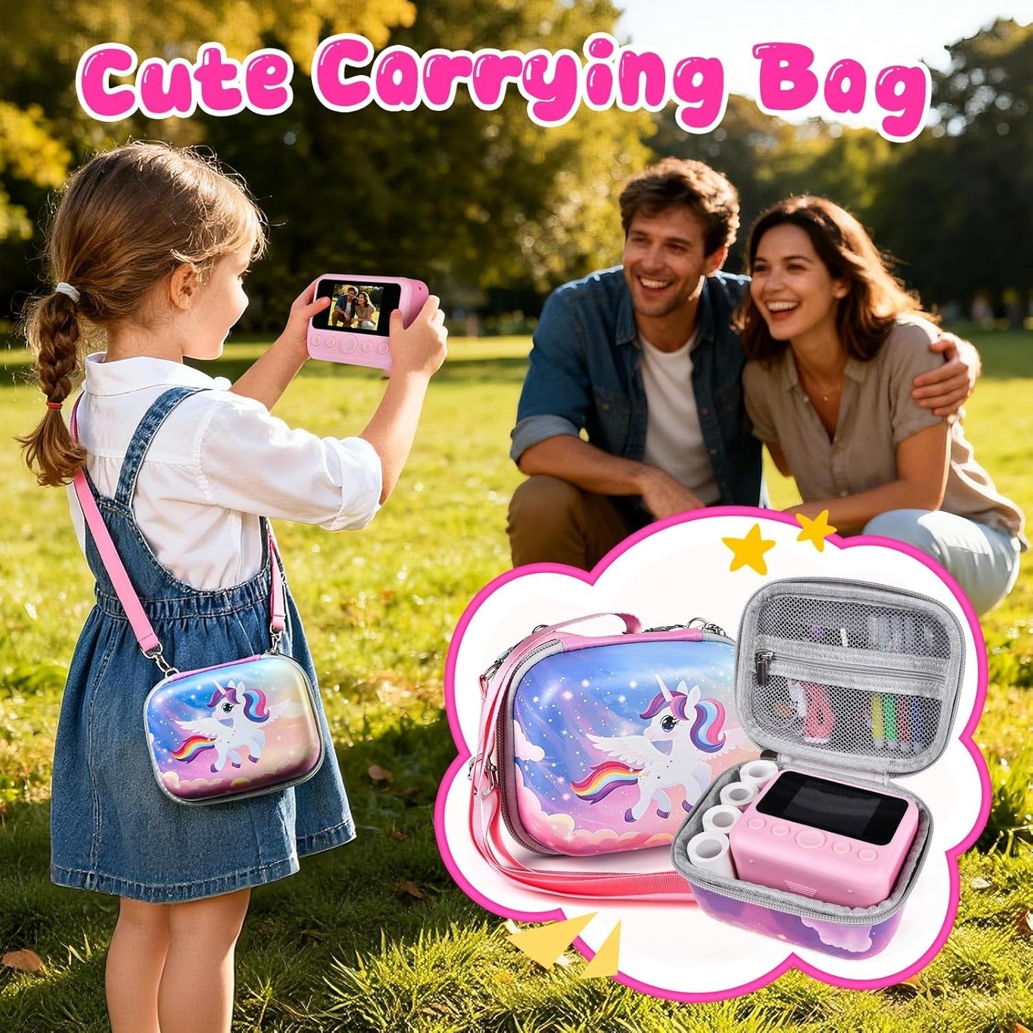 Kids Instant Print Camera 30MP 32GB Card 4 Paper Rolls Pink Bag