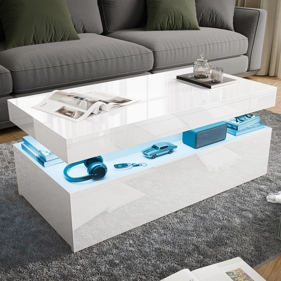 High Gloss Rectangle Coffee Table with 2 Drawers & RGB LED Lights 94x47x38cm