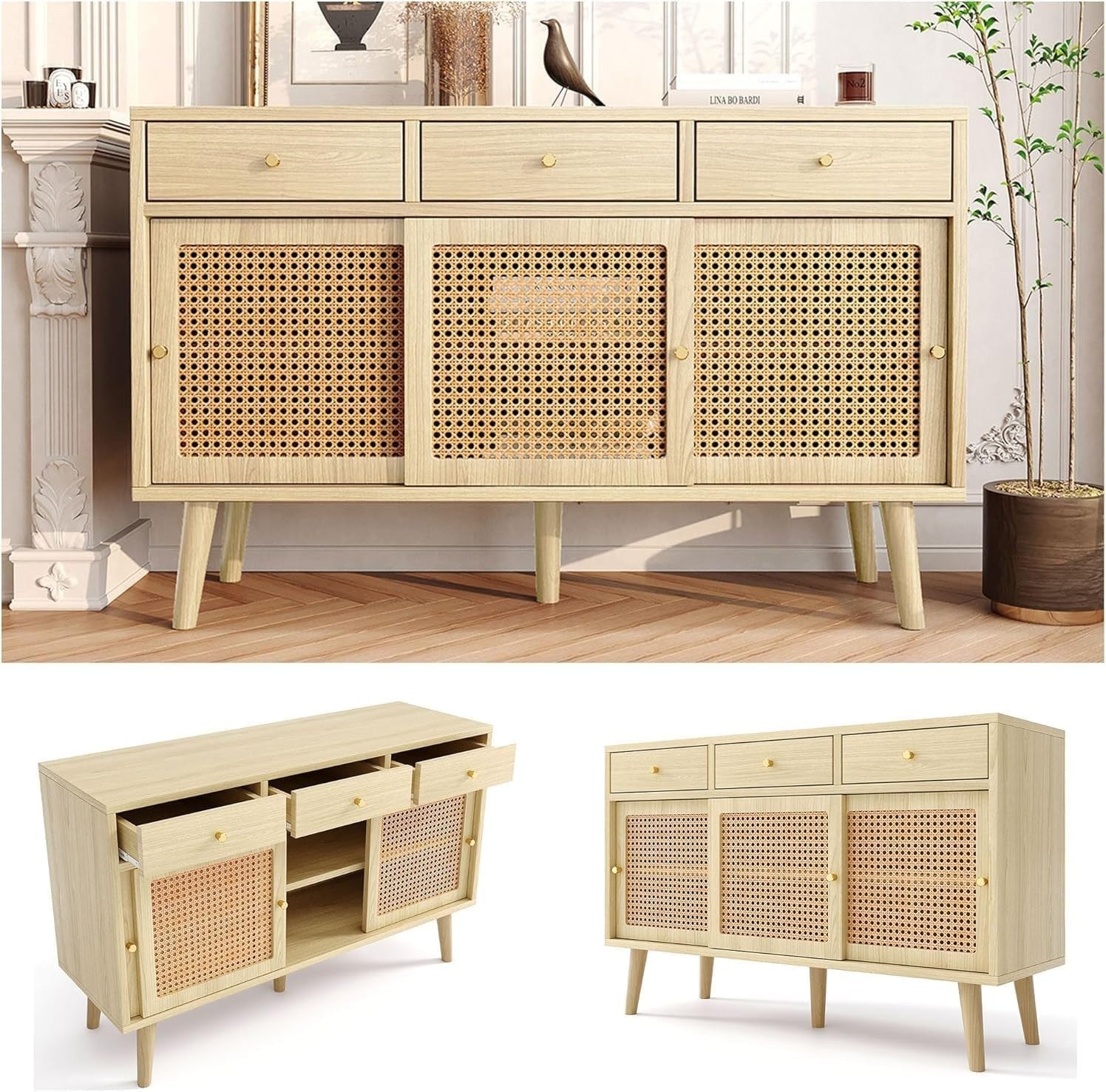 Modern Rattan Sideboard Storage Cabinet 3 Drawer 3 Door Oak Unit Hallway