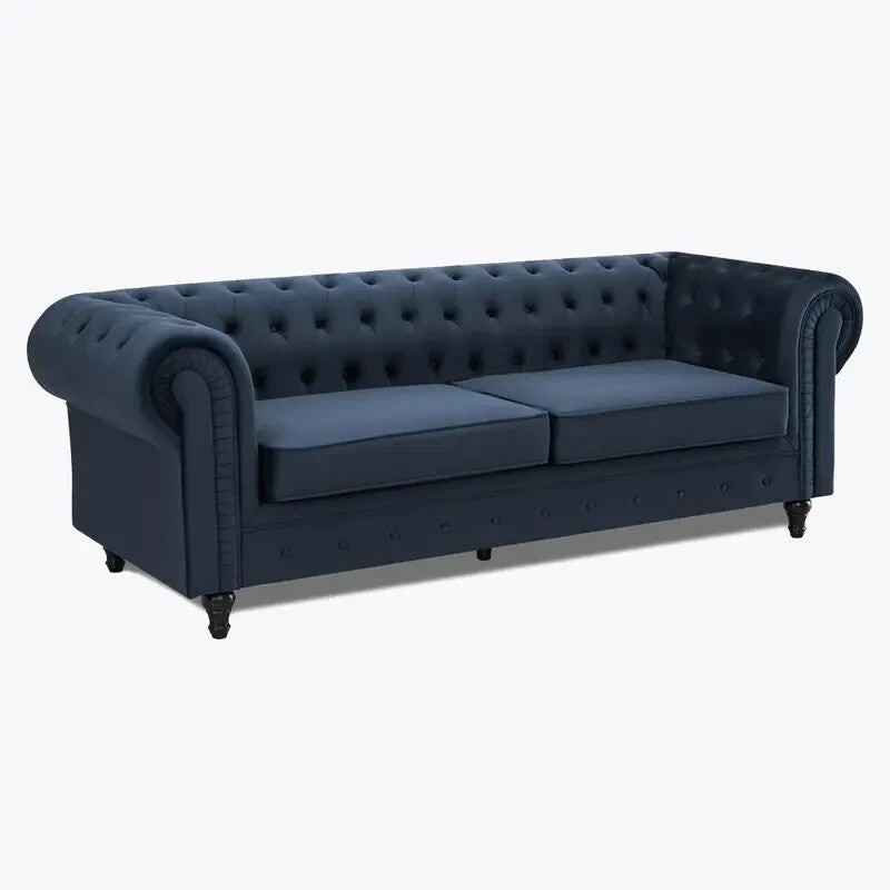 3 Seater Chesterfield Velvet Sofa Midnight Blue Tufted Scroll Arms UK