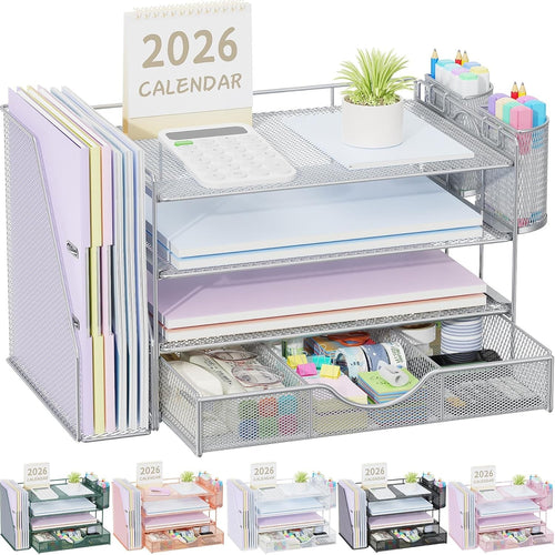 4-Tier Desk Organizer Metal File Holder Drawer Pen Storage Grey