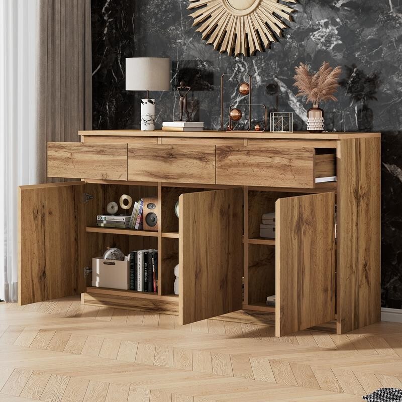 Oak Sideboard Buffet Cabinet with 3 Drawers 3 Doors Storage Unit 135cm