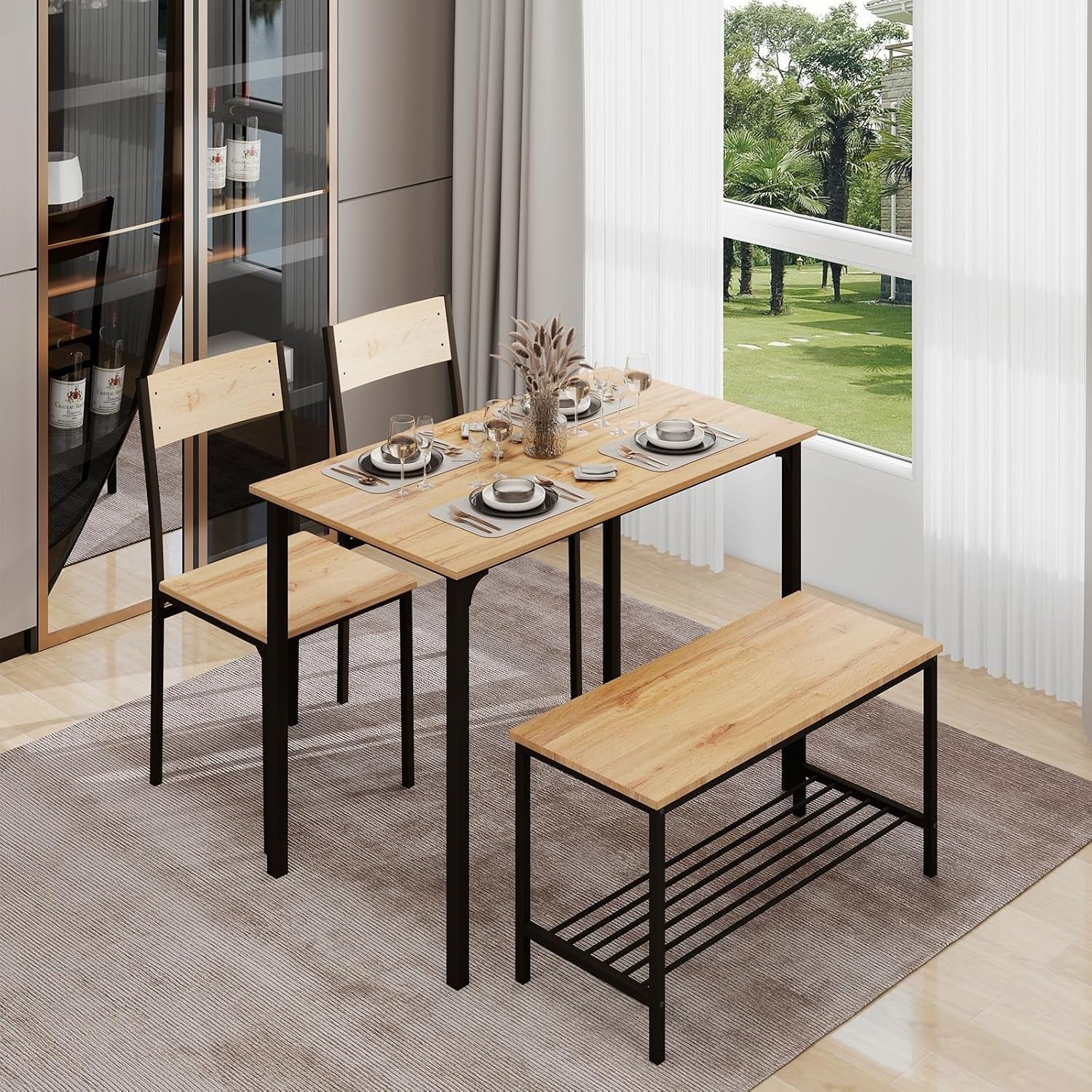 Oak Dining Table Set with 2 Chairs & Bench | Space-Saving, Modern Design
