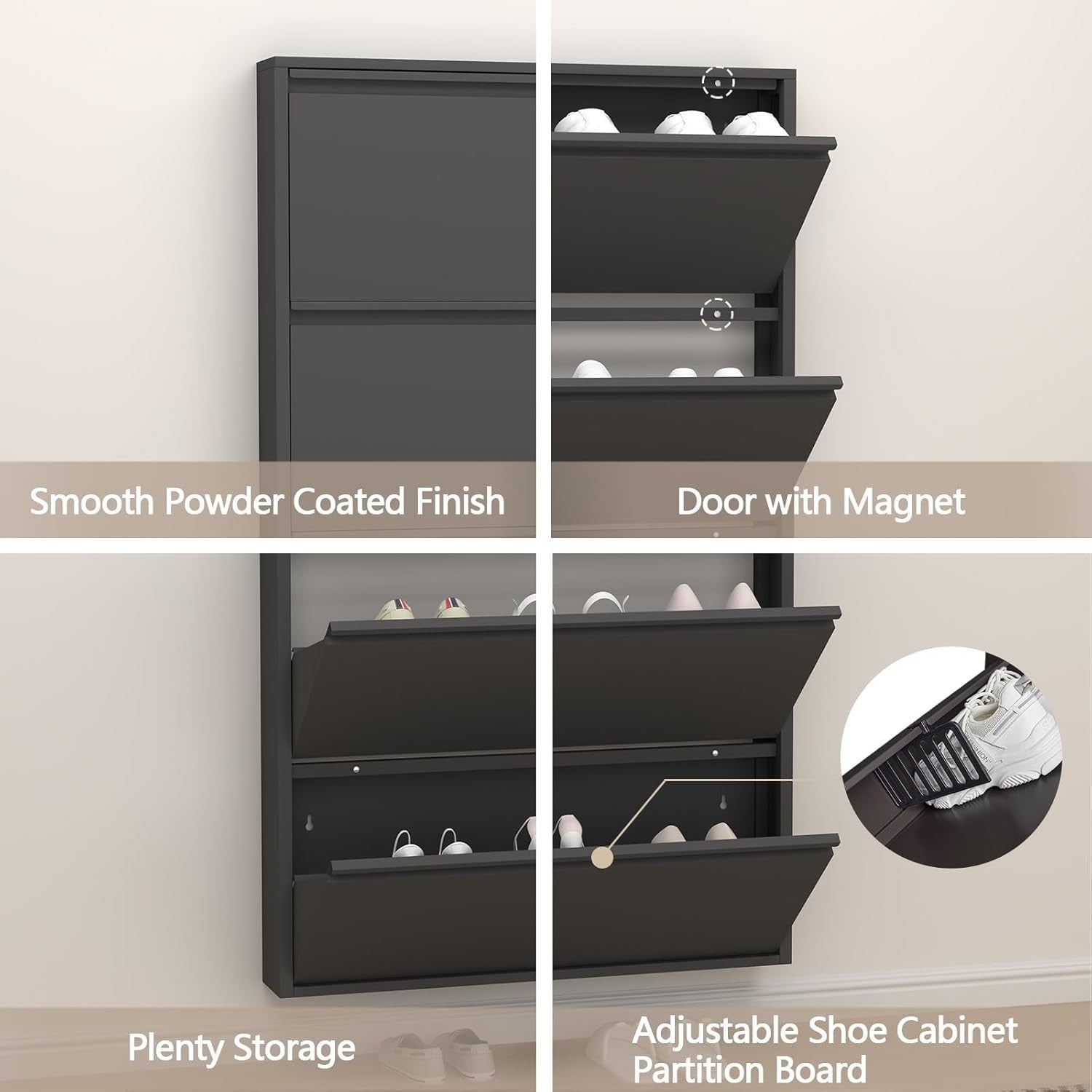 Wall Mounted Narrow Metal Shoe Cabinet 4 Flip Drawers Space Saver