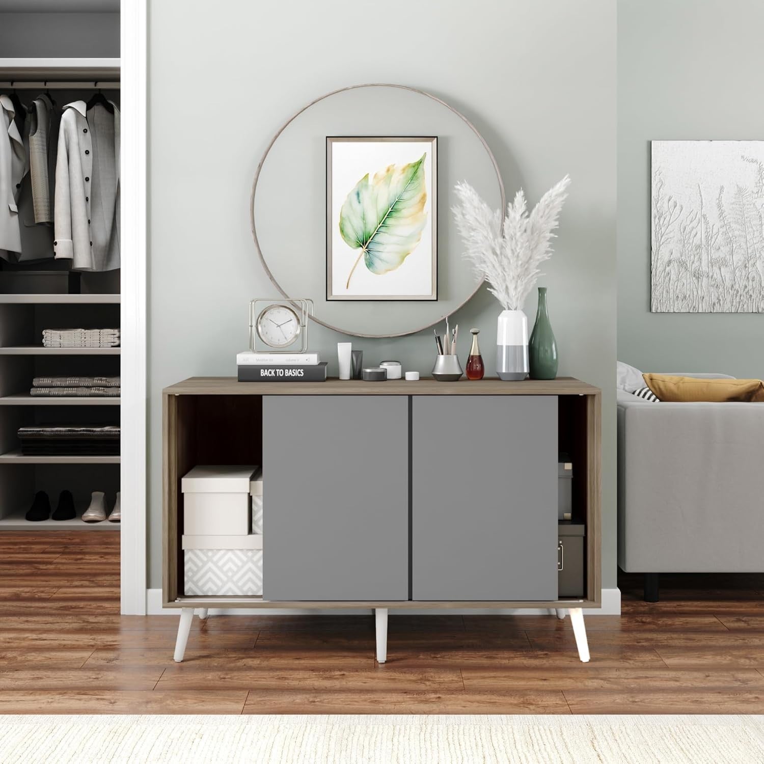 Oak Sideboard Cabinet Grey Sliding Doors Wooden Legs Storage Cupboard