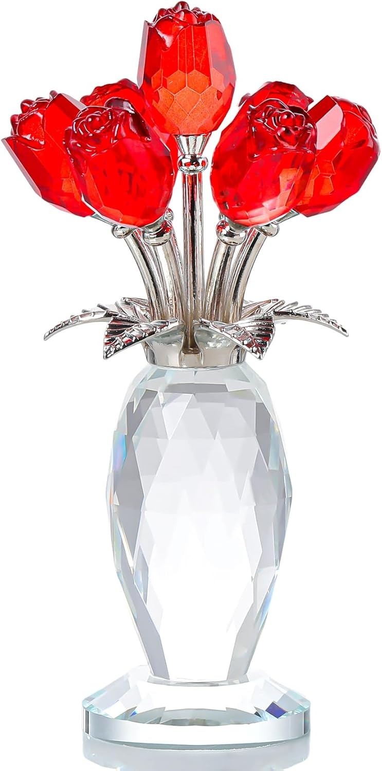 Red Crystal Rose Bouquet Ornament Glass Flower Figurine Gift for Women Decor