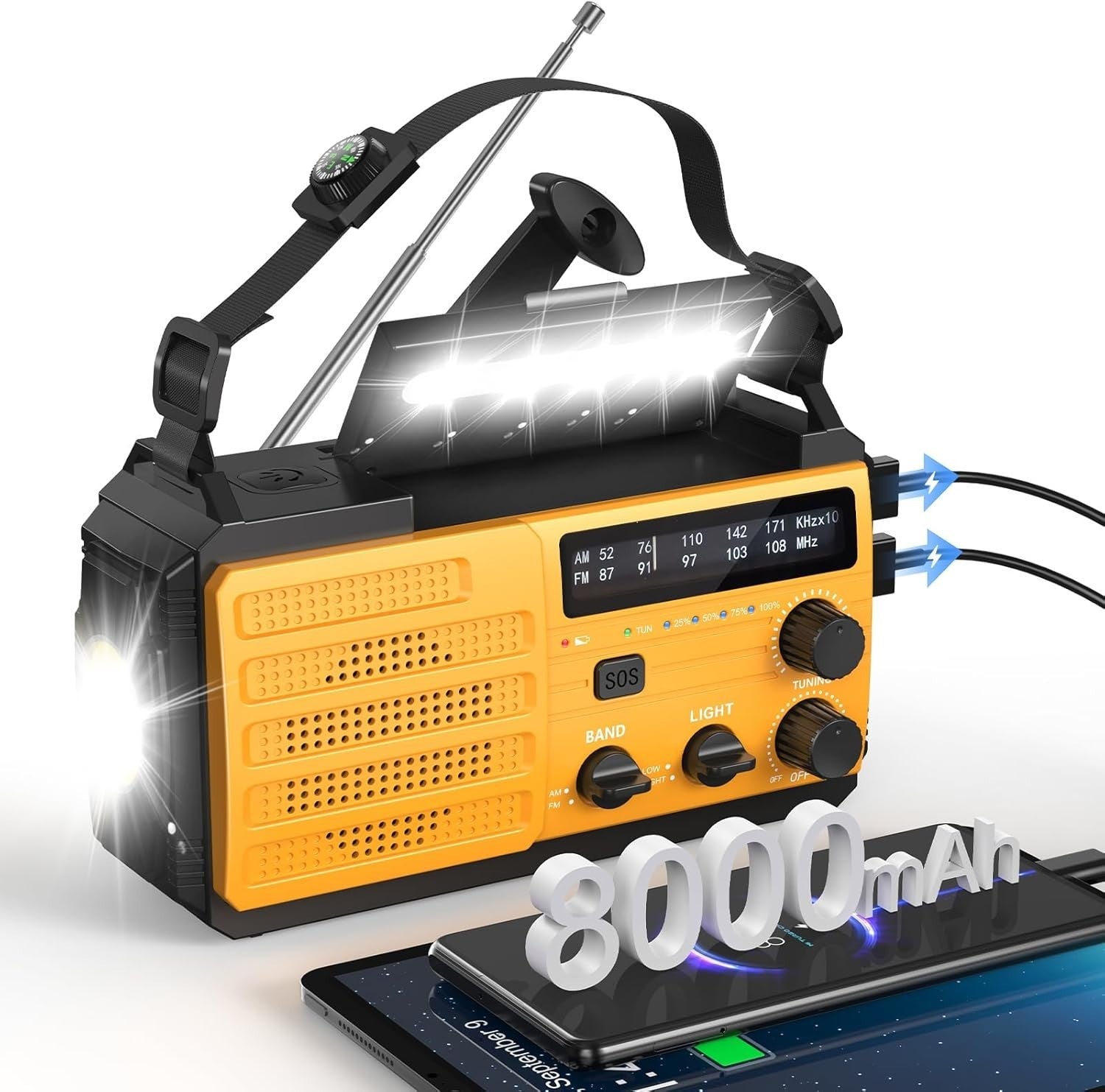 8000mAh Emergency Wind Up Radio Solar AM/FM USB Charger SOS
