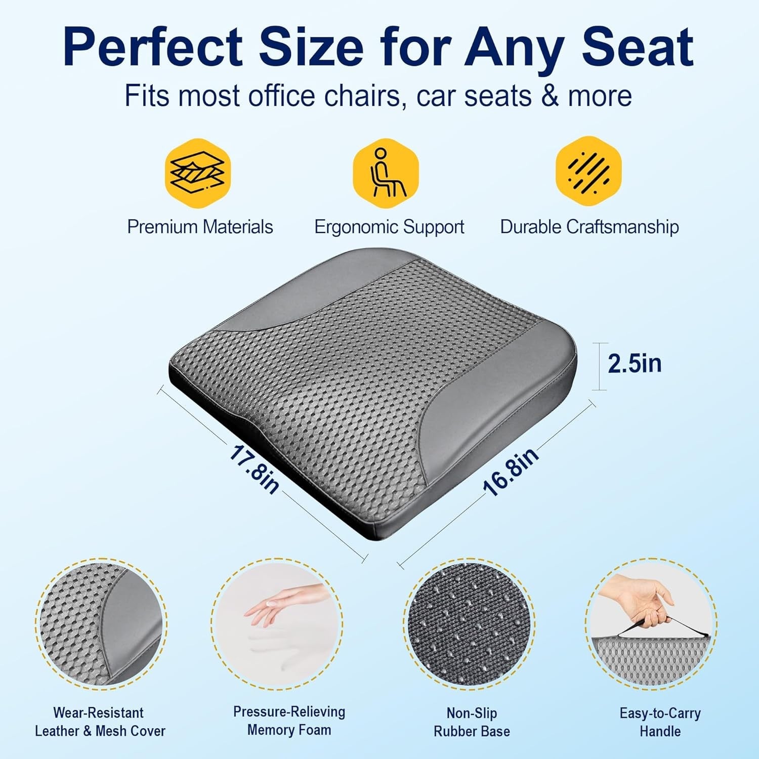 Memory Foam Seat Cushion Height Booster Back Pain Relief Office Driving