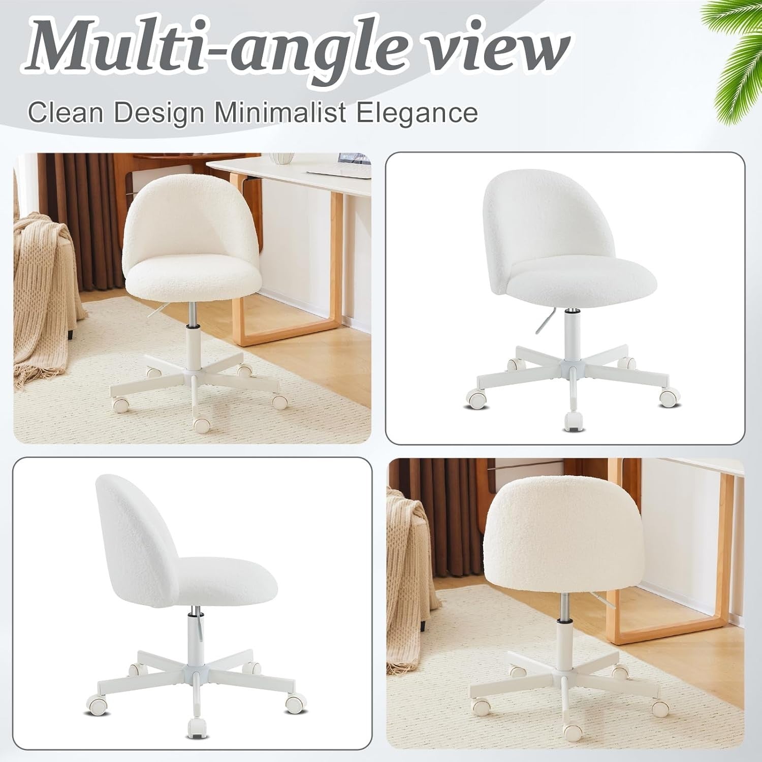 Elegant White Teddy Fleece Swivel Desk Chair Small Adjustable Vanity Seat