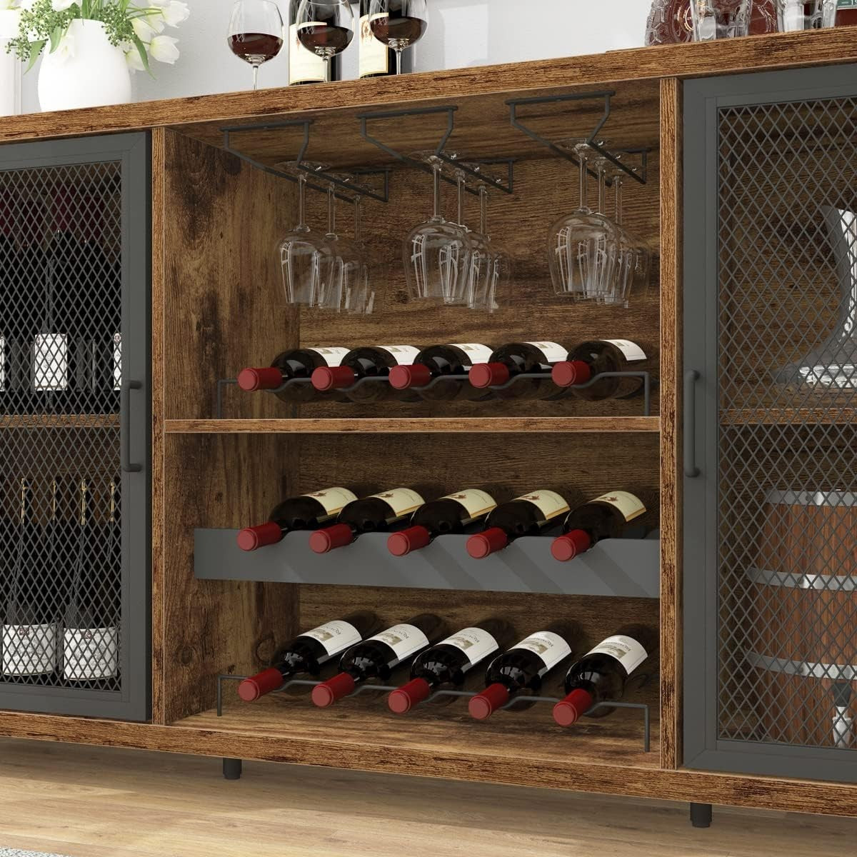 Rustic Farmhouse Wine Bar Cabinet Sideboard with Wine Rack & Glass Storage 140cm