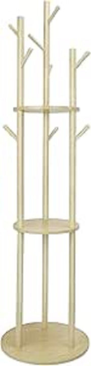 Light Wood Freestanding Coat Rack | 3 Shelves 9 Hooks Hall Tree Stand for Coats