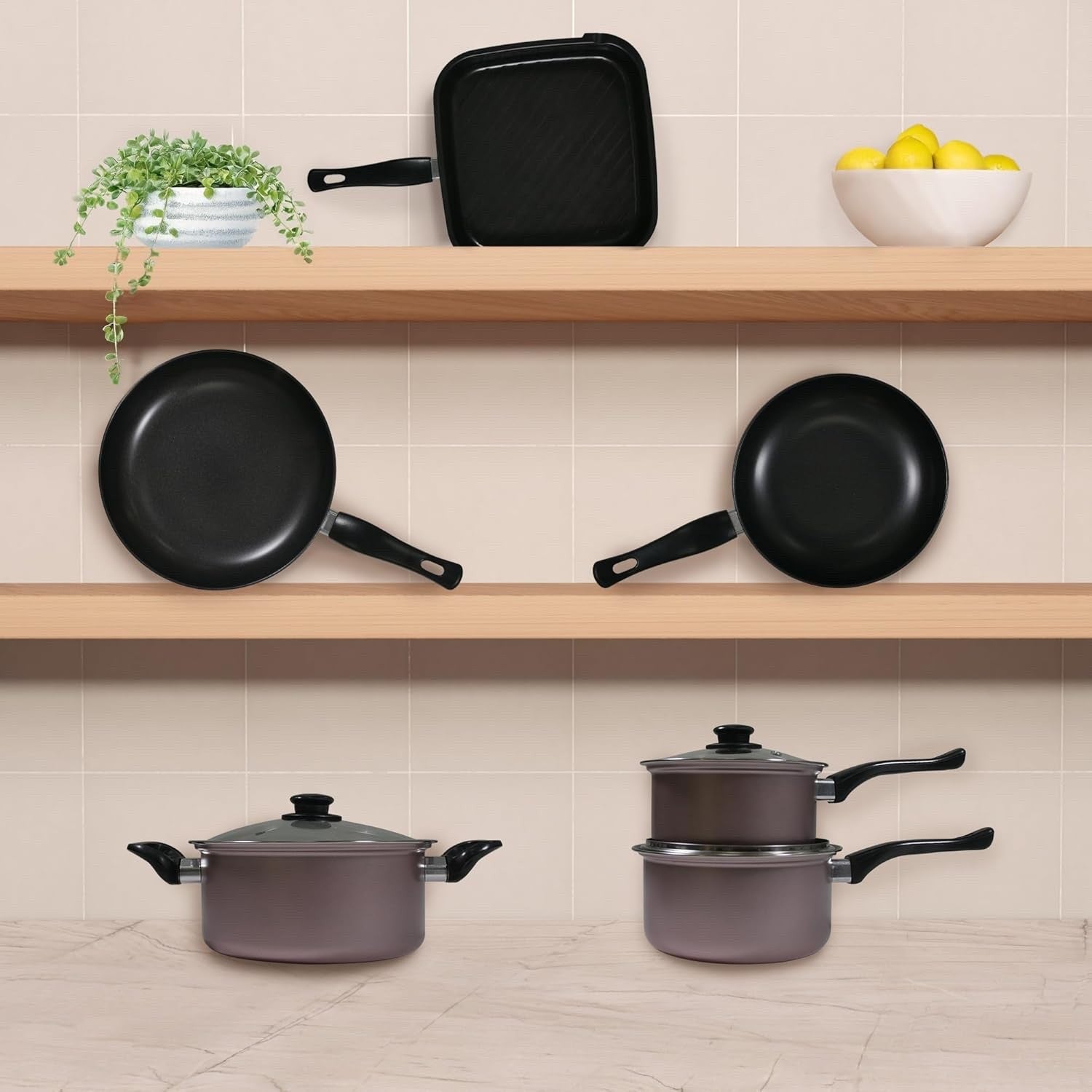 10Pcs Rose Gold Non Stick Cookware Pots and Pans Set with Glass Lids & Grill Pan