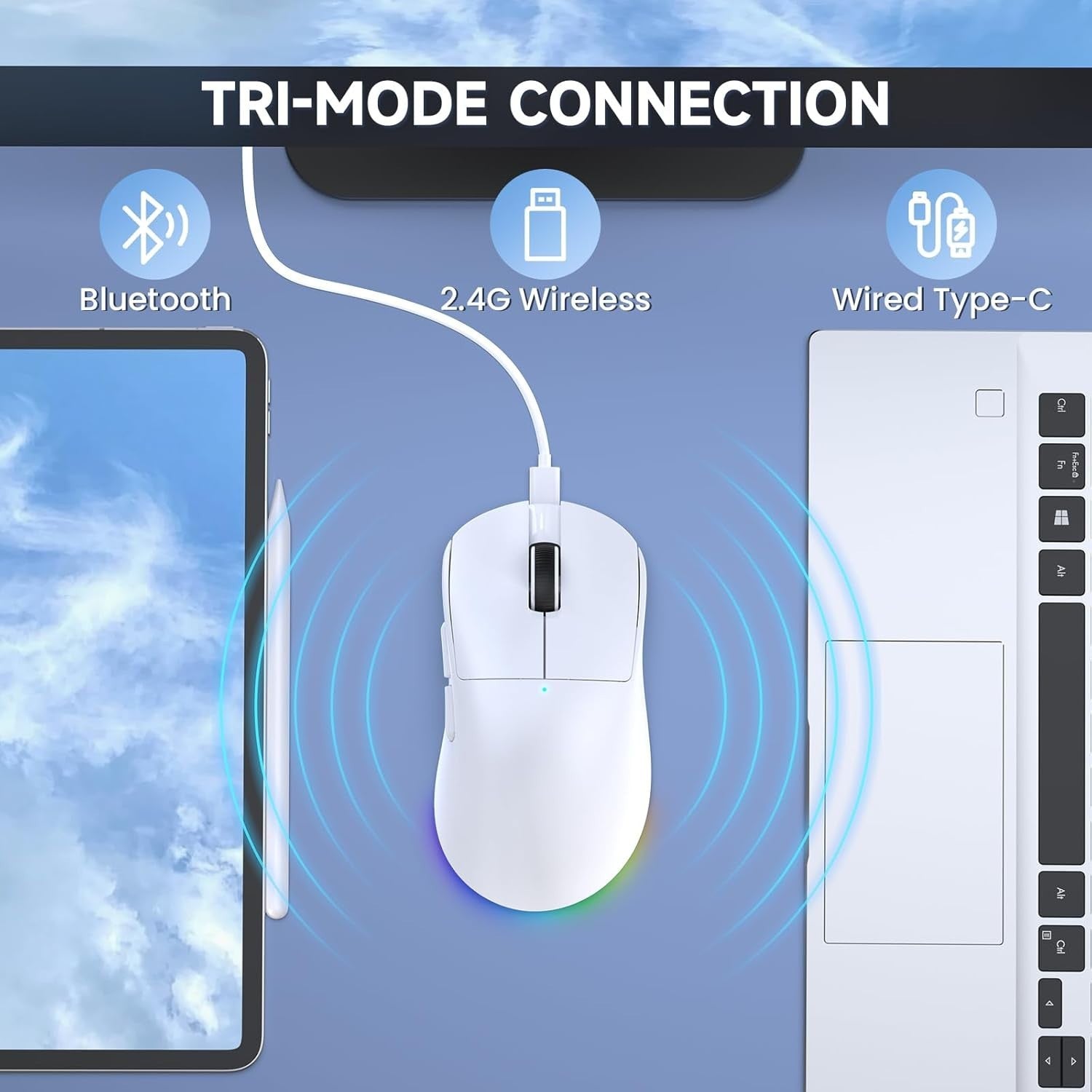 Tri-Mode Wireless Gaming Mouse 12800 DPI 1000Hz RGB White