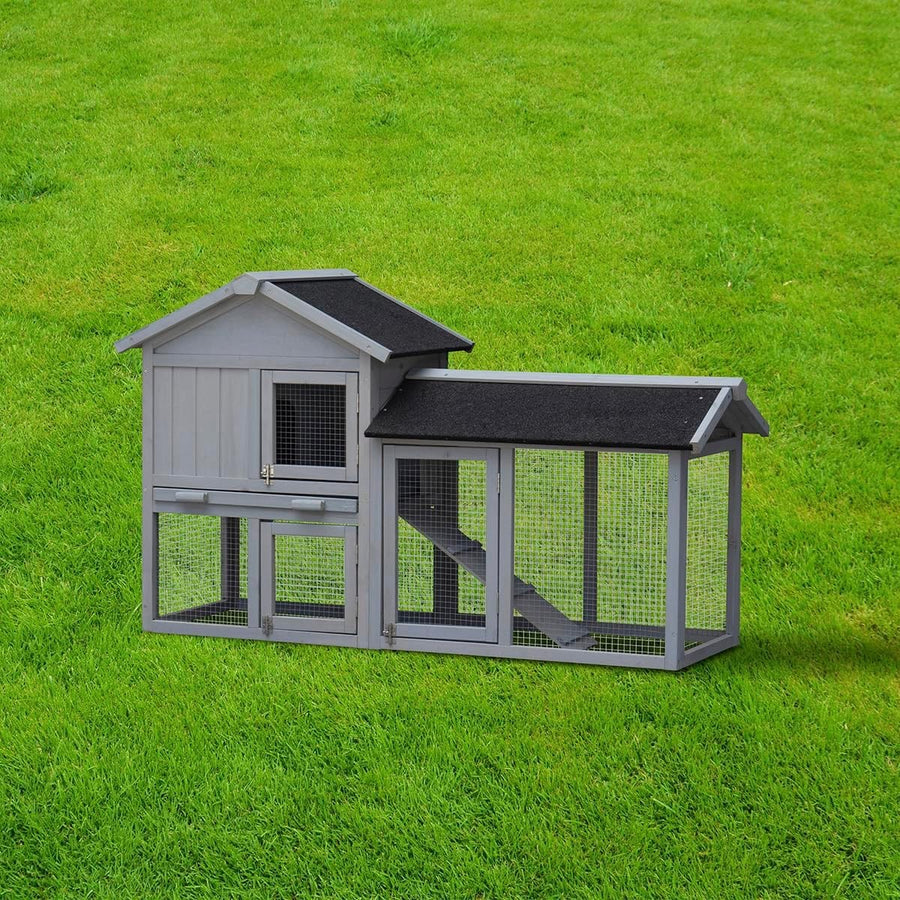 Large Rabbit Hutch with Run Outdoor Grey 2 Tier Wooden Ramp Waterproof