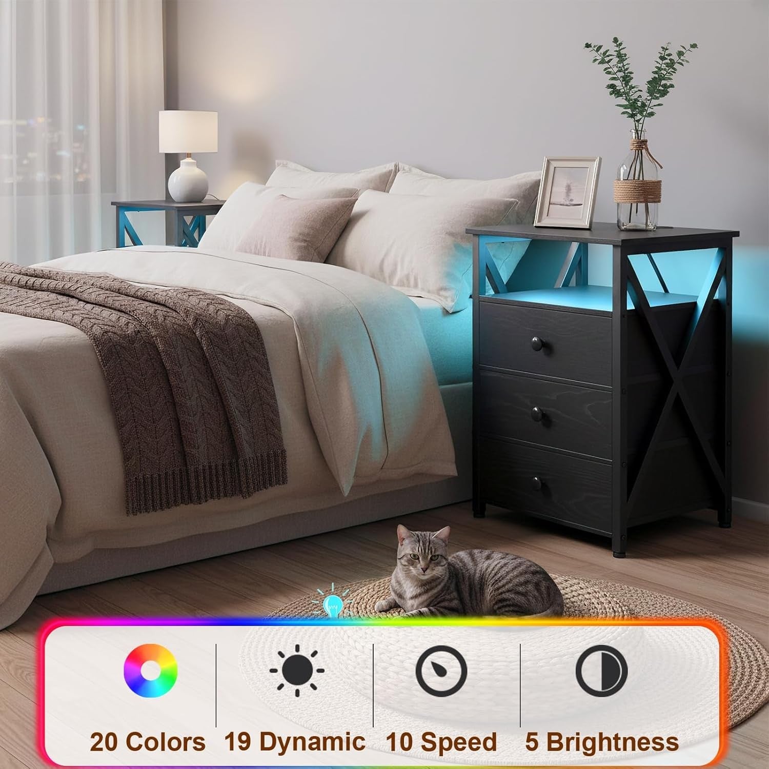 Set of 2 Black LED Bedside Tables with Charging Station & 3 Drawers Modern