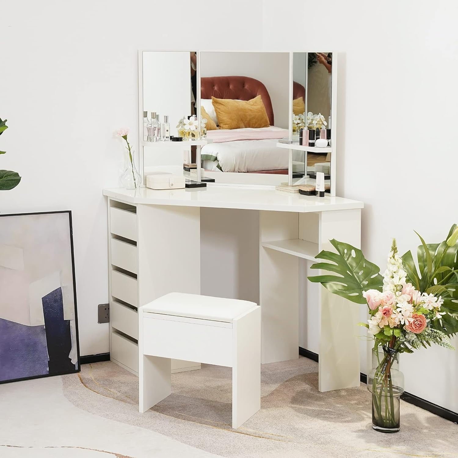 Corner Vanity Dressing Table Set White 3 Hollywood Mirror 5 Drawer Stool (74/77)