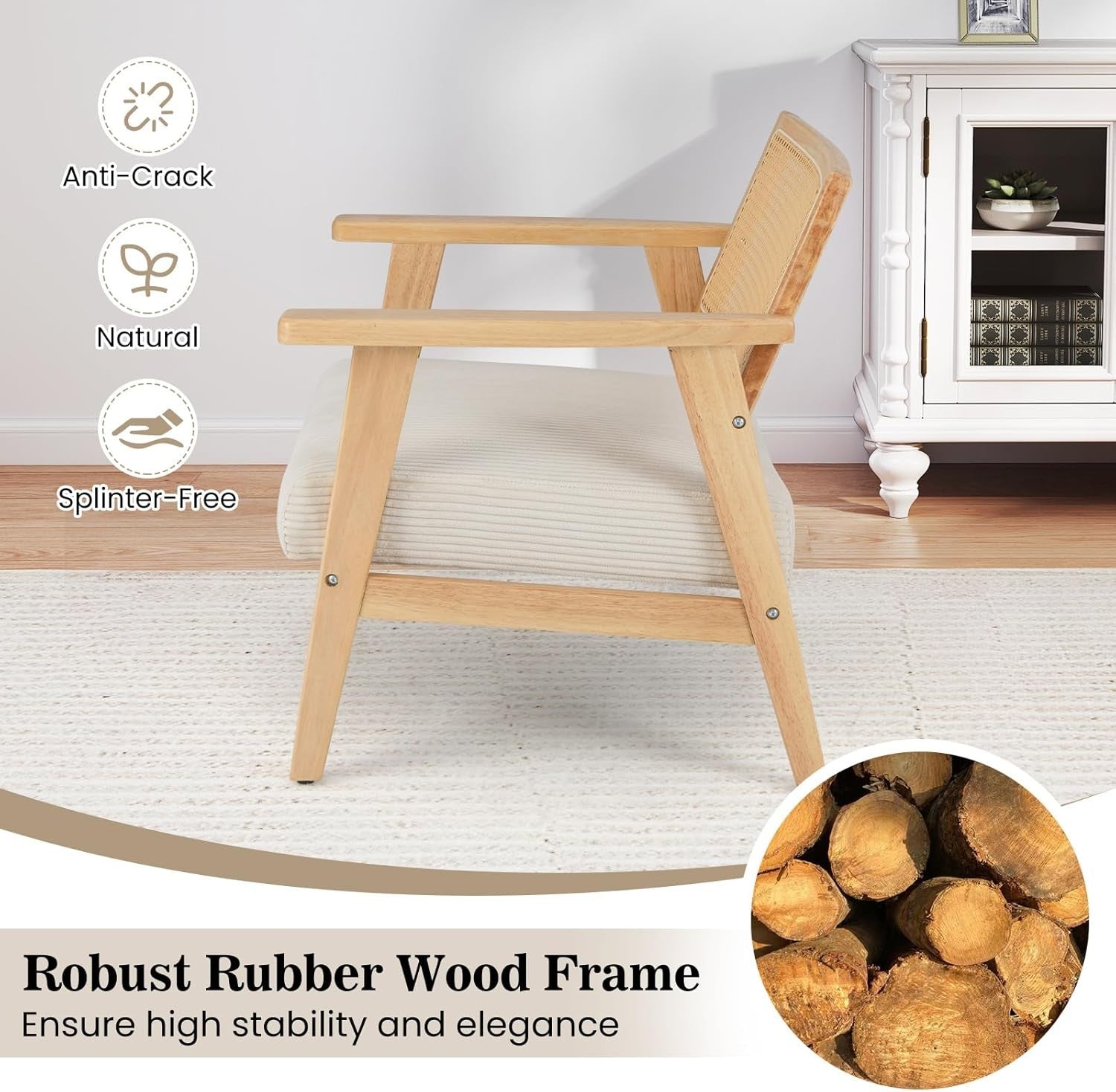 Corduroy Accent Chair Rattan Back Wood Frame Lounge Armchair
