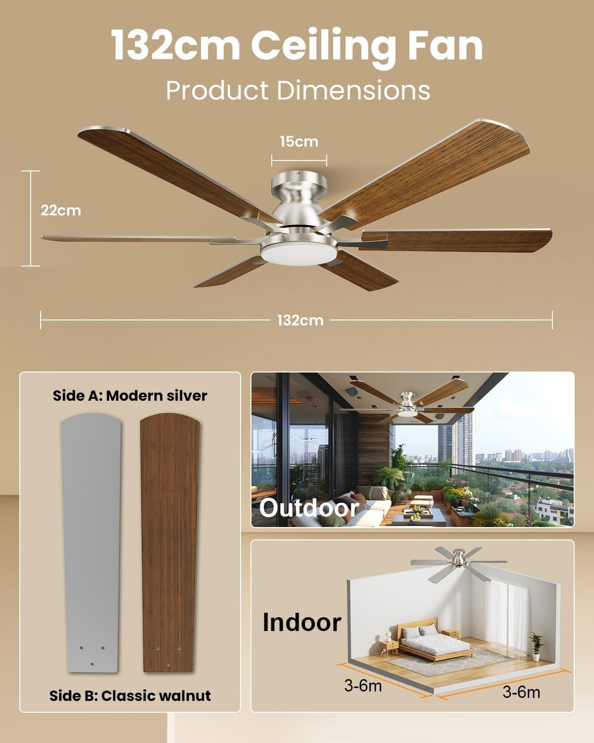 132 cm Large Ceiling Fan with Light, 6 Blades, Remote, Reversible DC Motor